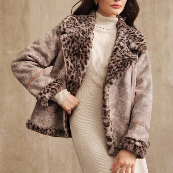 Pink Casual Women's Faux Fur Lined Motorcycle Jacket With Leopard Print - Picture 4 of 8